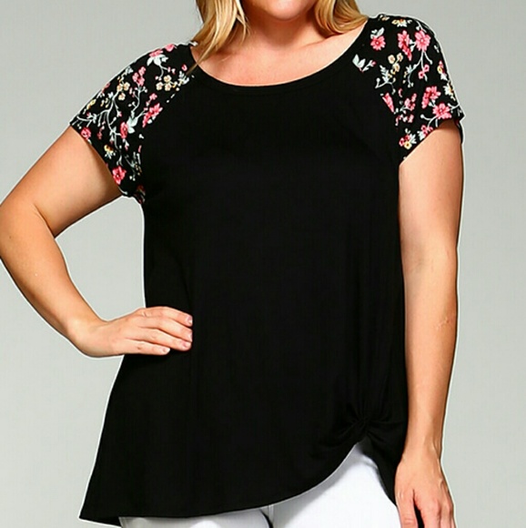 Tops - ⚘PLUS⚘ Floral Sleeve knot detail T-shirt